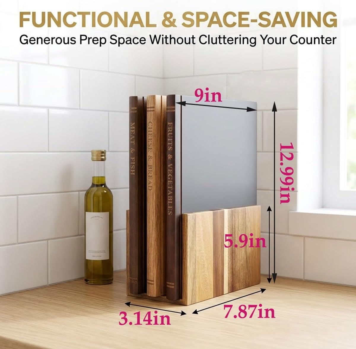 Acacia Wood Cutting Board For Kitchen, 3-Piece Book Shaped Chopping Set with Wooden Stand 13×9 Inch Lightweight Kitchen Cutting Boards for Fruit, Vegetables, Bread, Meat, Serving