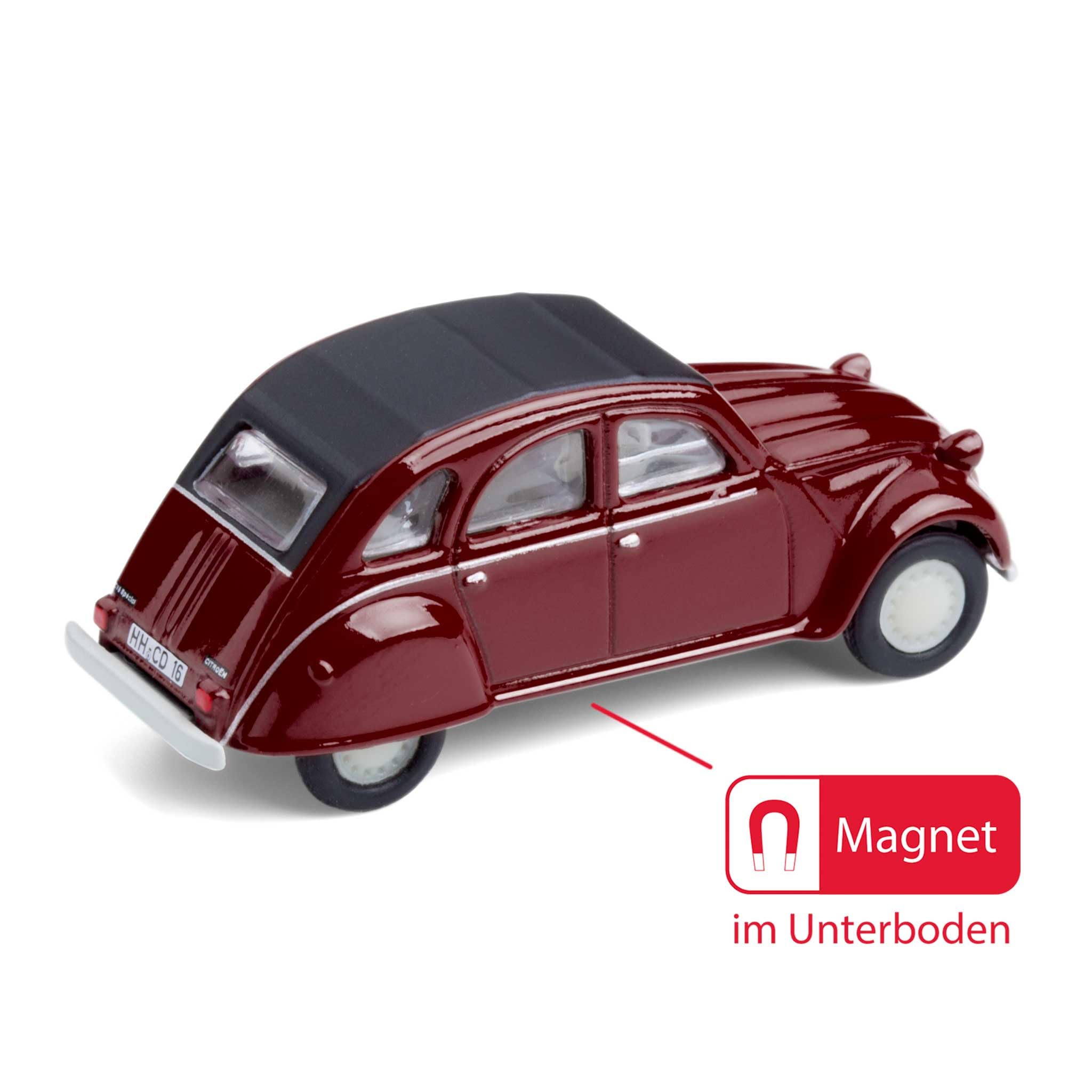 Modellauto mit Magnet für Kühlschrank und Pinnwand – Kultauto kompatibel mit Citroen 2CV Ente weinrot (20.8-43)