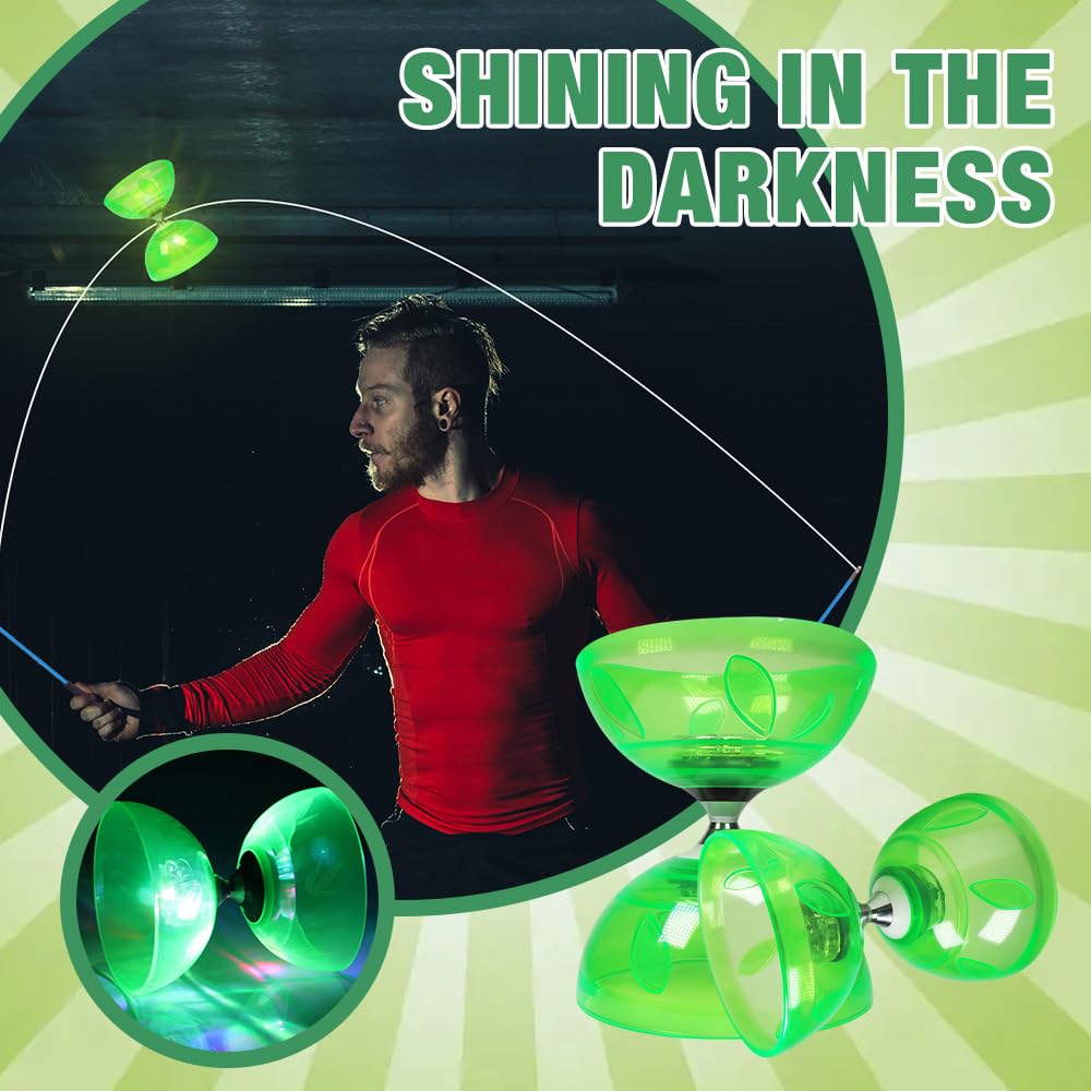 Diabolo Freiläufer mit Kugellager, LED Diabolo mit 3 Farben Blinkendes, Dreifache Lagerung Set mit Ersatzseil 10m, Netzbeutel und Profi-Stange, Dreifachlager für Erwachsene (Grün)