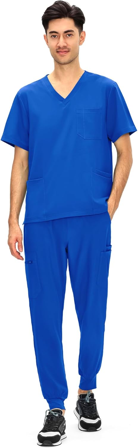 COZYFIT Scrubs for Men - 4 Pockets V-Neck Scrub Top and 7 Pockets Jogger Pants Mens Scrubs Set