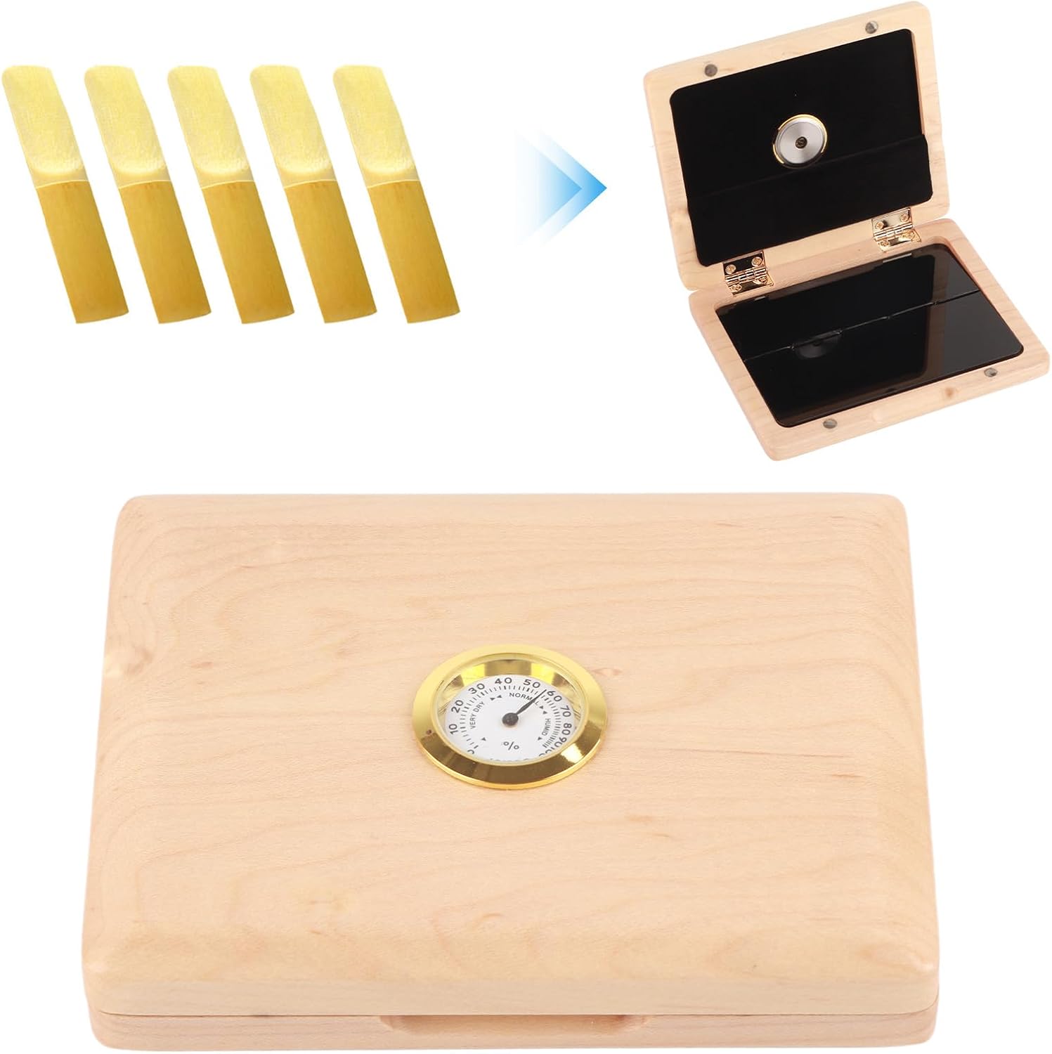 Elegant Wood for Saxophone and Clarinet, 5 Reeds Capacity, Switch, Humidity Monitoring with Hygrometer, Secure Storage Solution (Original Wood Color)