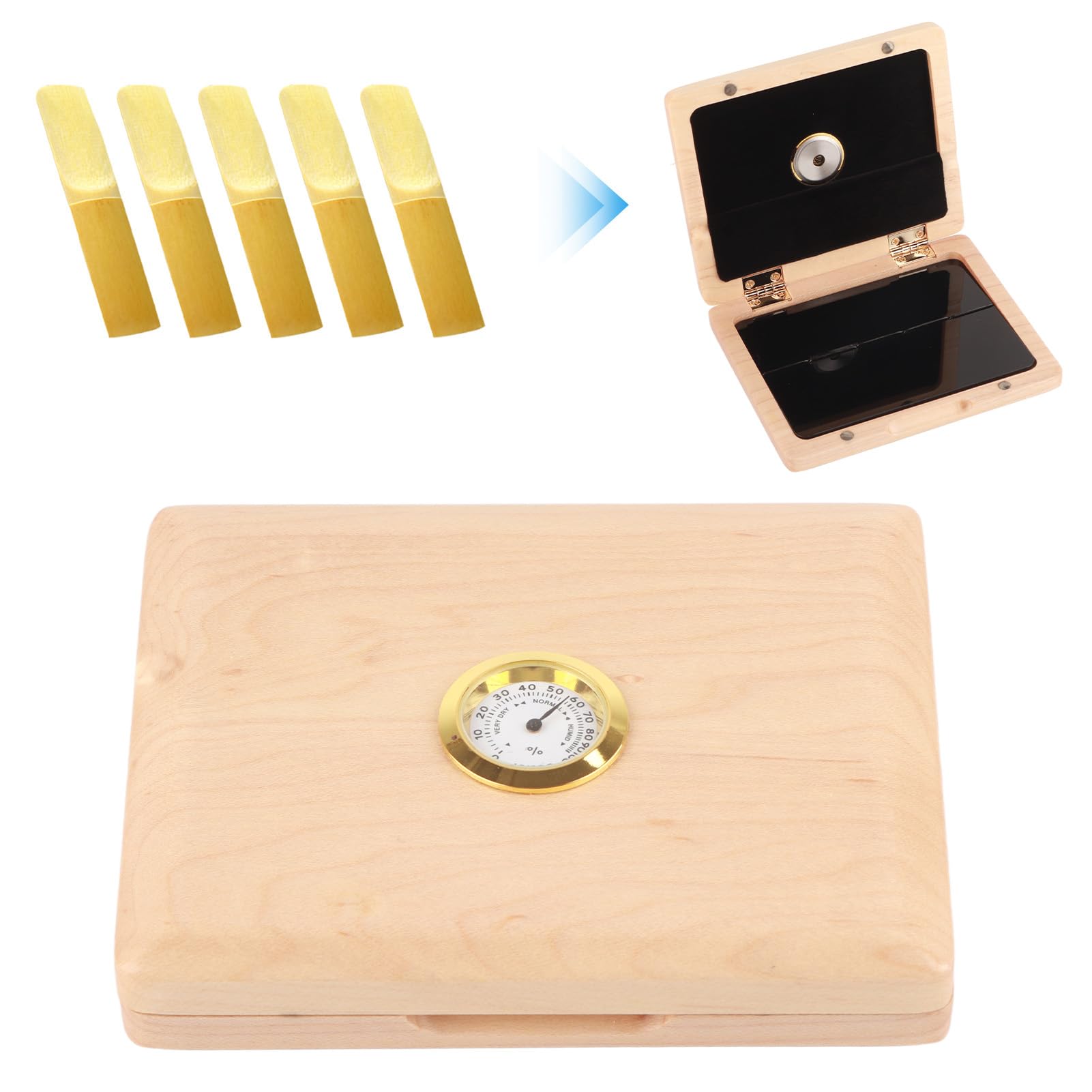 TANIQIACA Solid Wood Saxophone Clarinet Case, 5?s Holding Box with Magnet Switch, Rubber Band Design to Prevent Loosening, Plush Interior for Protection, Includes Hygrometer (Nature Wood Color)