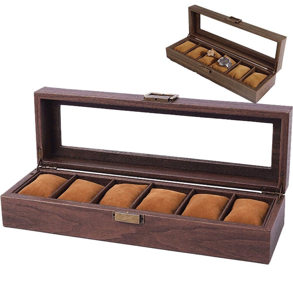 Boîte de rangement de montre à 6 fentes en bois et vitrine en verre sécurisée