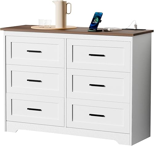 GEPELCN Farmhouse Dresser for Bedroom 6 Drawers Dresser with Power Outlets Rustic Chest of Drawers with Natural Texture White Organizer for Living Room Hallway