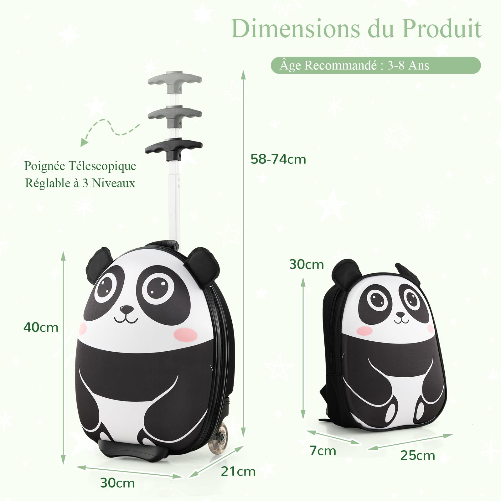 SOARS Valise Enfant 16" + Sac à Dos 12", Valise Cabine Enfant à roulettes avec Poignée Télescopique à 3 Niveaux, Matériau Robuste Léger de 1,5 KG, Valise Enfant Fille &Garçon 3+ Ans, Panda