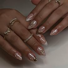 French Tip Press on Nails Short Almond Fake Nails with Gold 3D Bow Lines Pearl Designs Glossy Nails Press ons Nude Glue on Nails Summer Acrylic Artificial Stick on Nails for Women 24Pcs