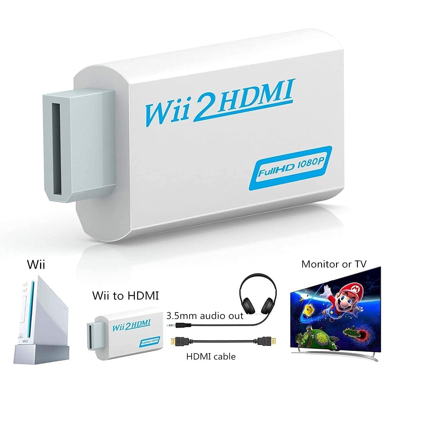 CAMWAY Wii HDMI Adapter, 1080P/720P Wii auf HDMI Konverter mit 150cm Integrierte AdapterKabel, Plug and Play, Wii zu HDMI Kabel unterstützt Alle Wii-Anzeigemodi für Wii/Wii U/HDTV/Monitor