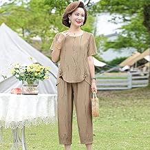 2023, el traje informal elegante de dos piezas para mujer más Popular, de talla grande, camiseta estampada con cuello redondo de verano, pantalones largos de pierna ancha, trajes (Khaki,M)