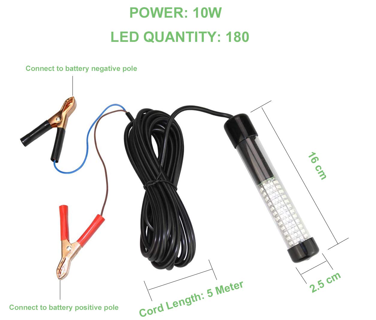 LED 10W Submersible Fishing Light Underwater Crappie Light Finder Lure Bait Lamp, IP68 Outdoor Night Fishing Light Fish Attracting Light with 5M Power Cord and Battery Clip (10W Blue)