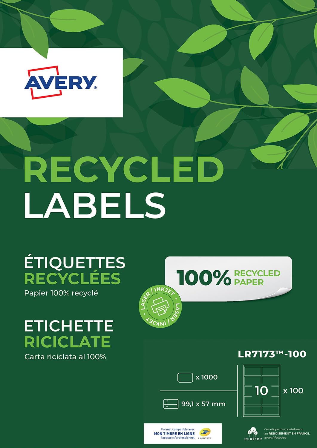 Avery Italia Etichette in carta riciclata bianca per buste e pacchi 99,1x57mm, 10 etichette per foglio, adesivo permanente, stampanti Laser, confezione da 100 fogli
