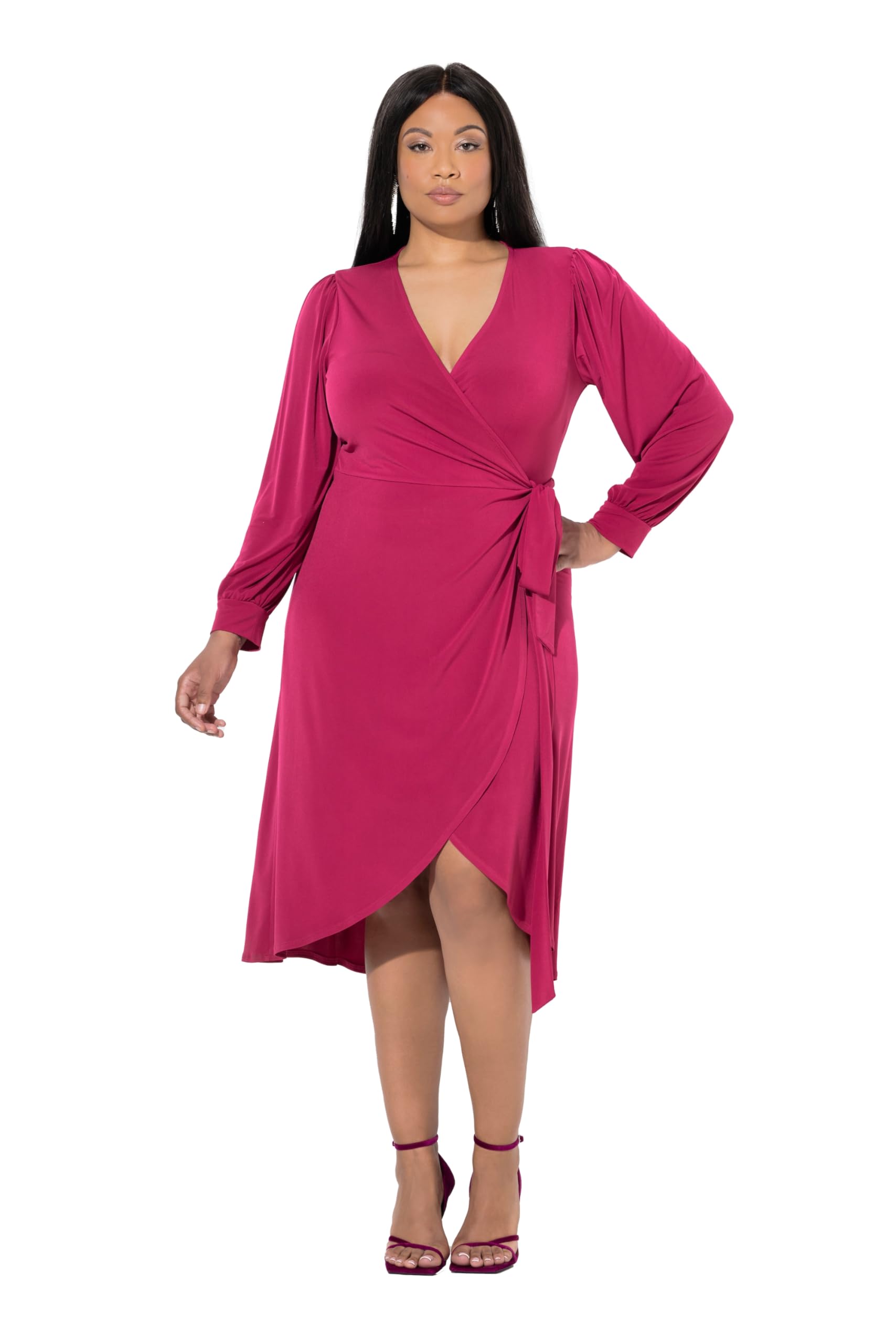 Ulla Popken Damen große Größen Übergrößen Plus Size Midi-Wickelkleid, Bindegürtel, V-Ausschnitt, Ballon-Langarm 847368