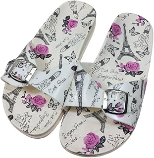 صندل سهل الارتداء بنمط باريس للنساء، ابيض مع ورود ارجوانية وطباعة برج ايفل، مشبك اغلاق مقاس 39 - شبشب حريمي مطاطي مريح