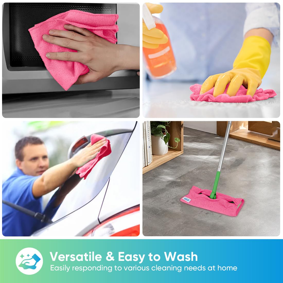 HOMEXCEL Microfiber Cleaning Cloth,12 Pack Cleaning Rags, Cleaning Towels with 4 Color Assorted, 11.5"X11.5"(Green/Blue/Yellow/Pink): Pink 24