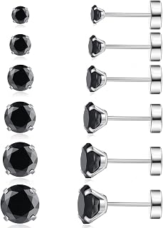 6 Pairs Surgical Steel Flat Back Earrings | CZ Stud Set