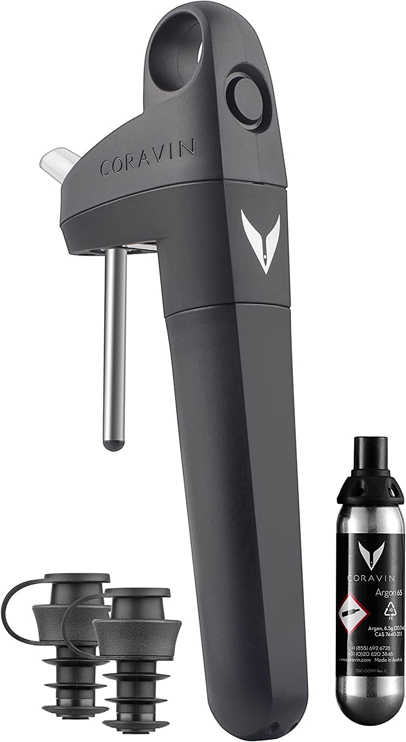 Coravin Pivot — Wine Preservation System and Aerator — Black — Includes Argon Gas Capsule and 2 Pivot Stoppers