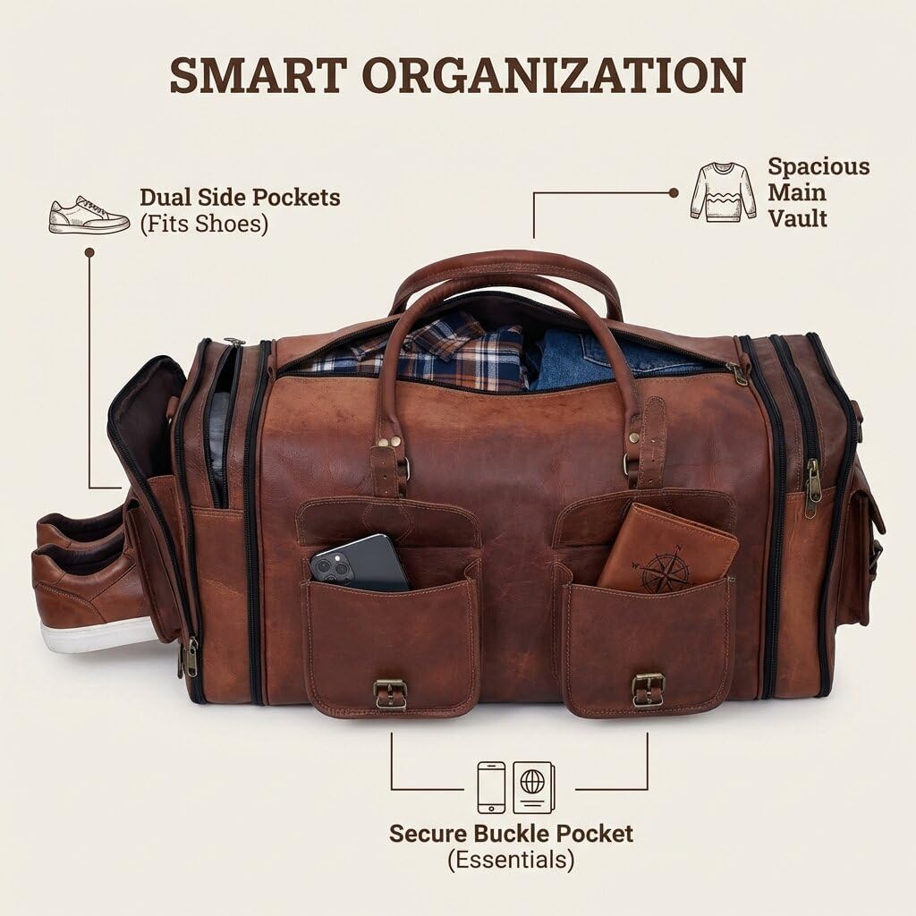 Weekender Leather Duffel Bag Overnight Women Men Girls Boys Vintage Travel Duffle with Shoulder Strap Carry On Sports Gym 20 Inch Handmade Leather Luggage Carryall Cool Gifts for Him by Cureo