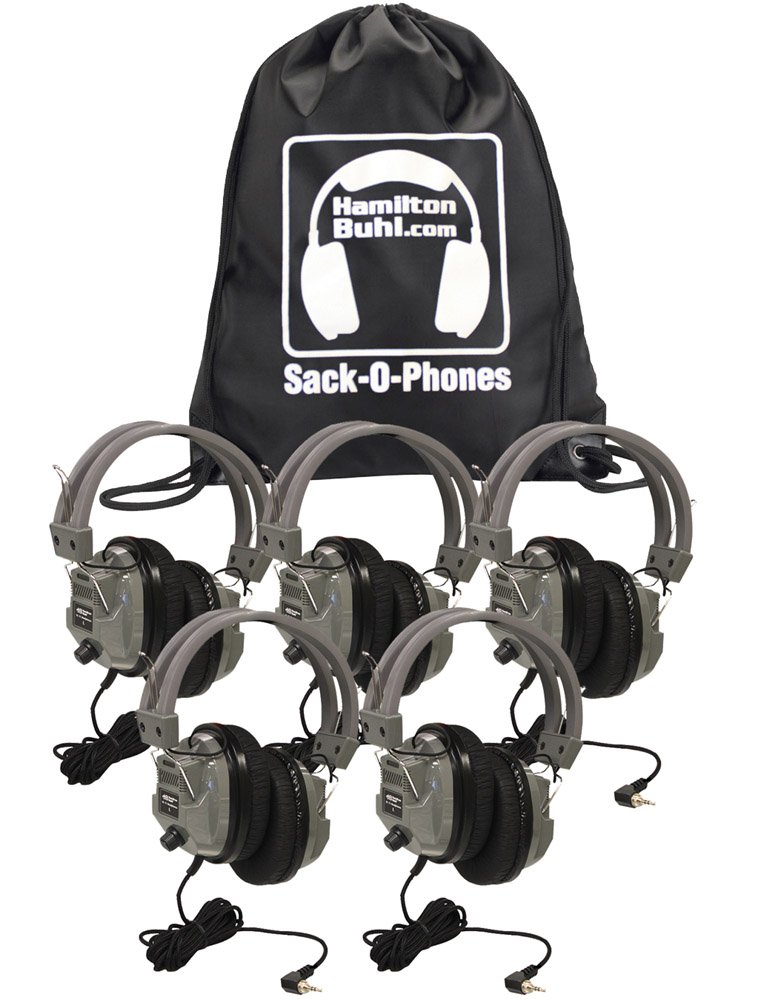 Hamilton Buhl Sack-O-Phones 5 SC7V Deluxe Headphones w/Volume Control in a Carry Bag by HamiltonBuhl – 5 Pack with Sack-O-Phone Carry Bag, Cotton, Gray, Model SOP-SC7V