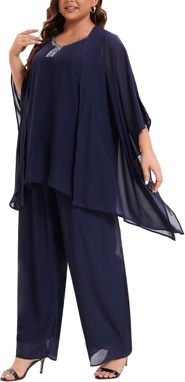 Plus Size Mother of Bride Pant Suits 3 Piece Chiffon Party Sets Handmade Sequins Wedding Guest Outfit - Image 2