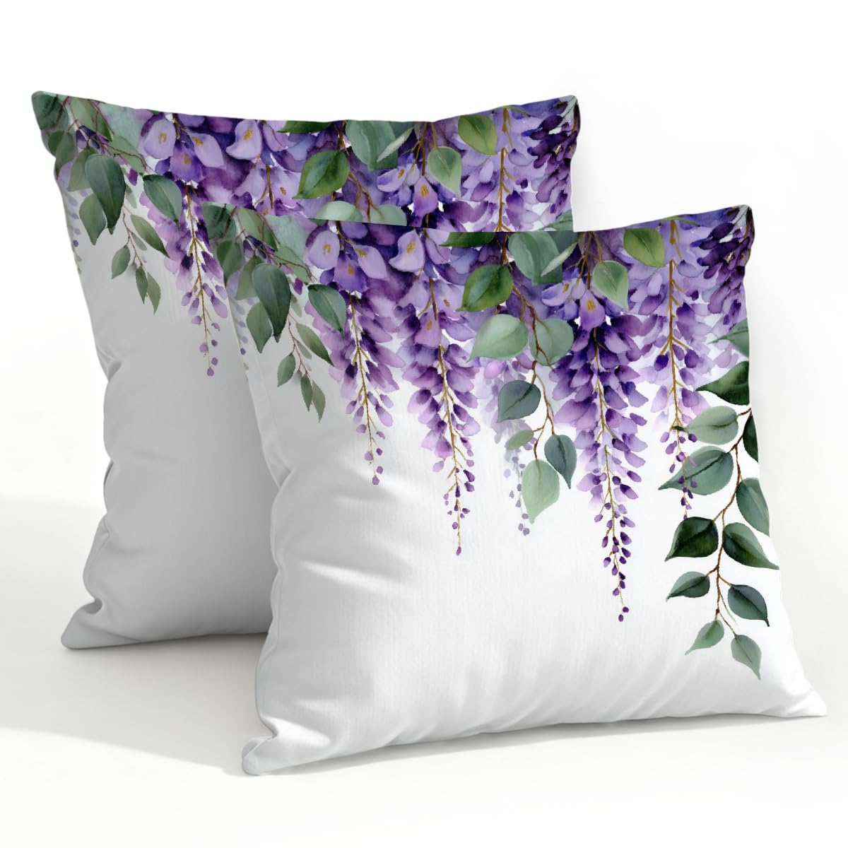Outdoor Pillow Covers Waterproof Pillowcases 22x22in Set of 2 Wisteria Floral Eucalyptus Leaves Decorative Throw Cushion Case for Couch Sofa Garden Patio Furniture