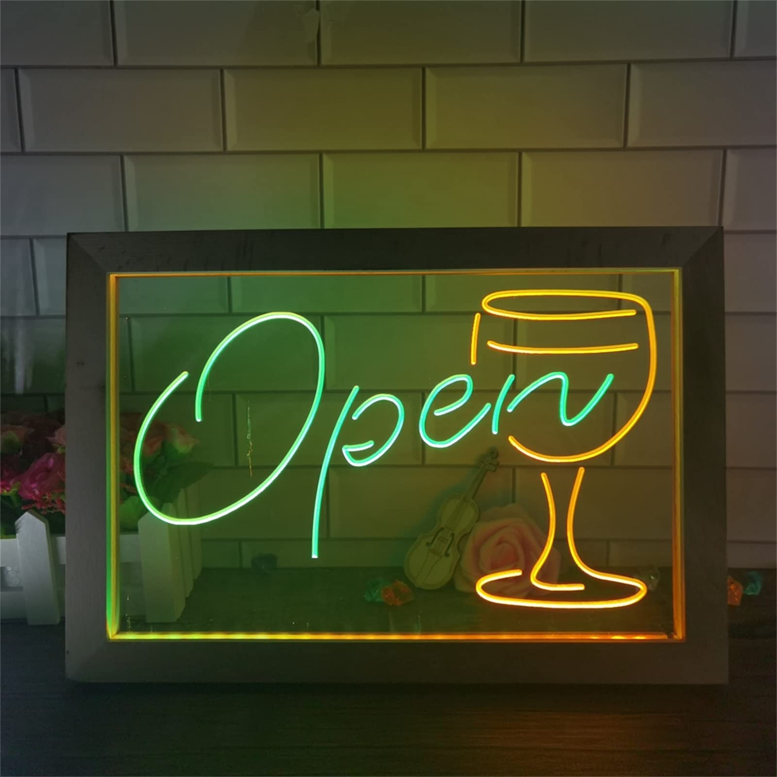 Insegna al Neon a LED per Bar, Decorazioni per Bicchieri da Vino da Club USB Cornice per Foto in Legno Lampada da Tavolo luci al Neon luci notturne da scrivania,Green Yellow,32x22cm