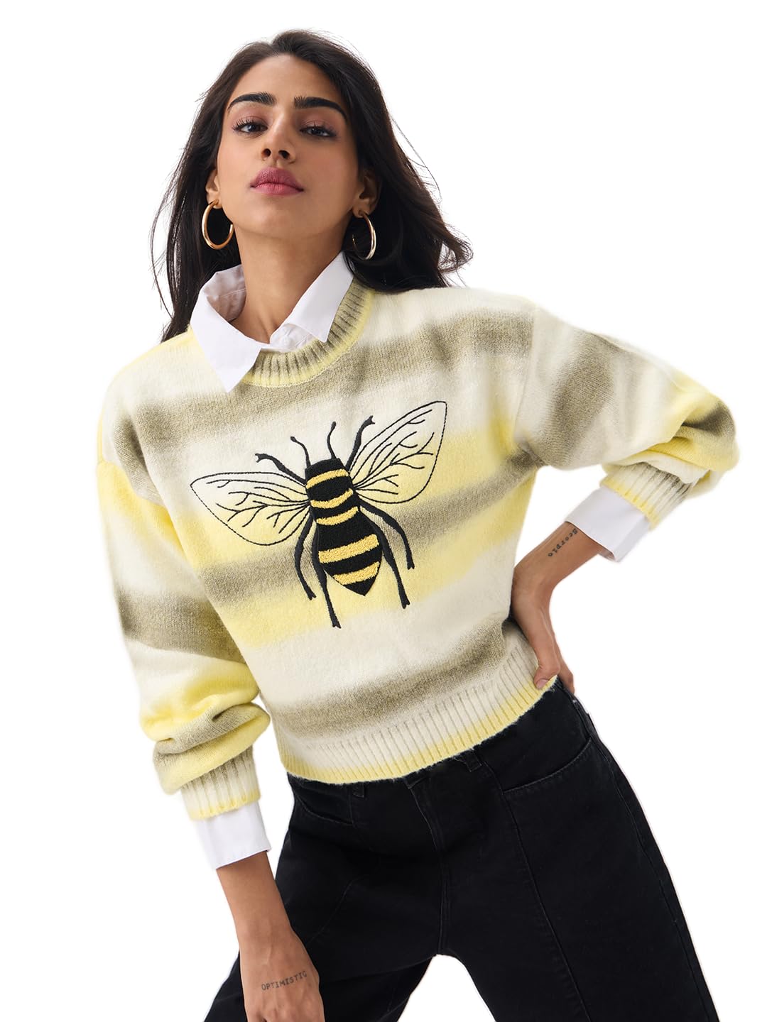 the souled store Natureverse: Ombre Sweater Just Bee Women and Girls Full Sleeves Round Neck Yellow Grey White Embroidered Acrylic Oversized Fit Soft Knit Casual Pullover Sweater-picture-23