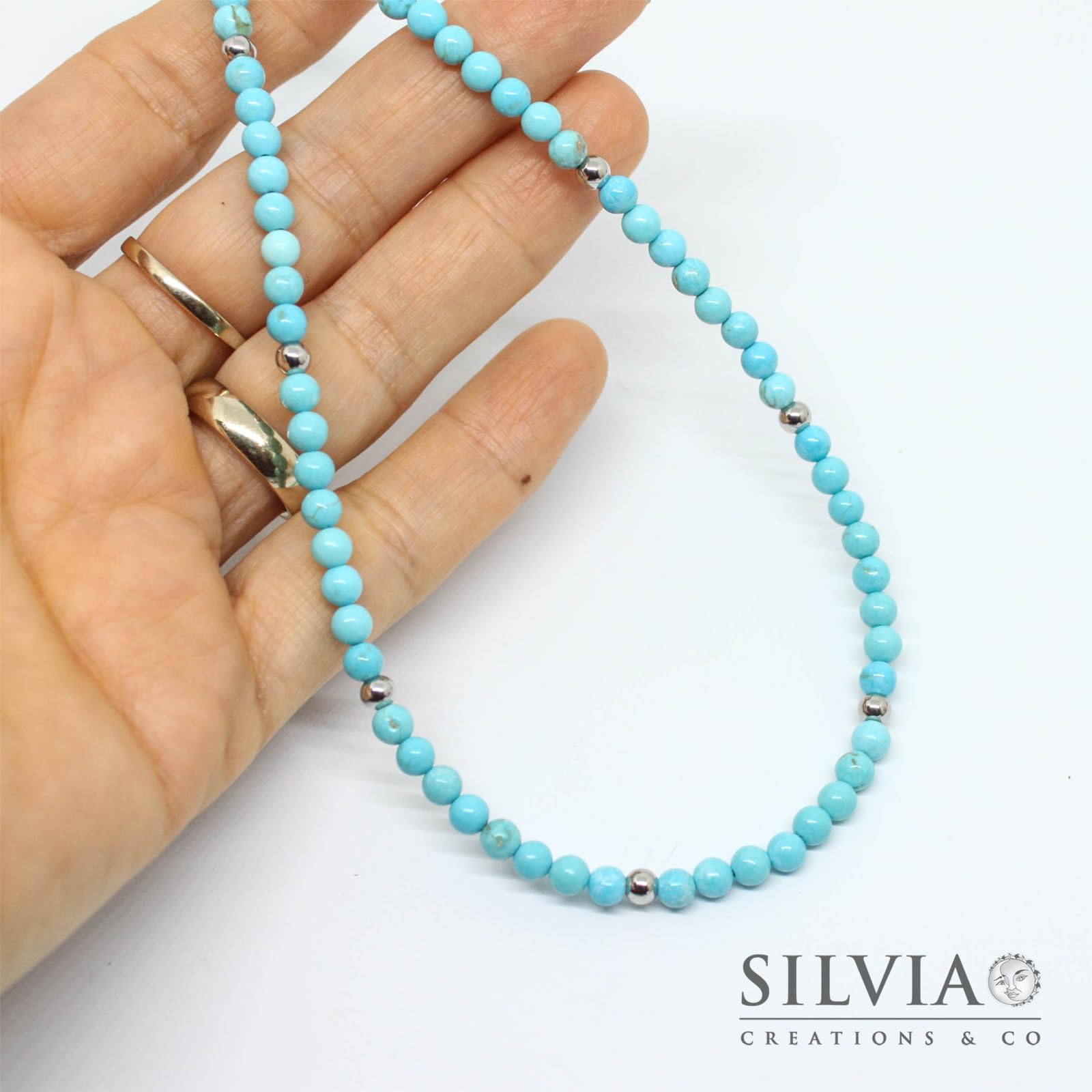 Collana Uomo con Perle di Turchese 4 mm e Perle Acciaio