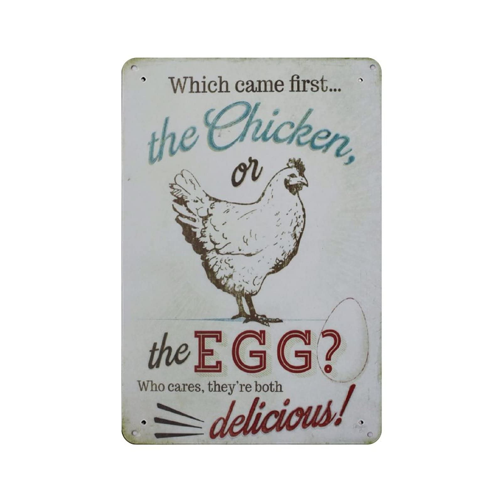 KEYGAMER Happy Chicken, Delicious Chicken And Eggs Metal Tin Sign, Vintage Plaque Poster Garage Bar Home Wall Decor 8 X 12 Inches