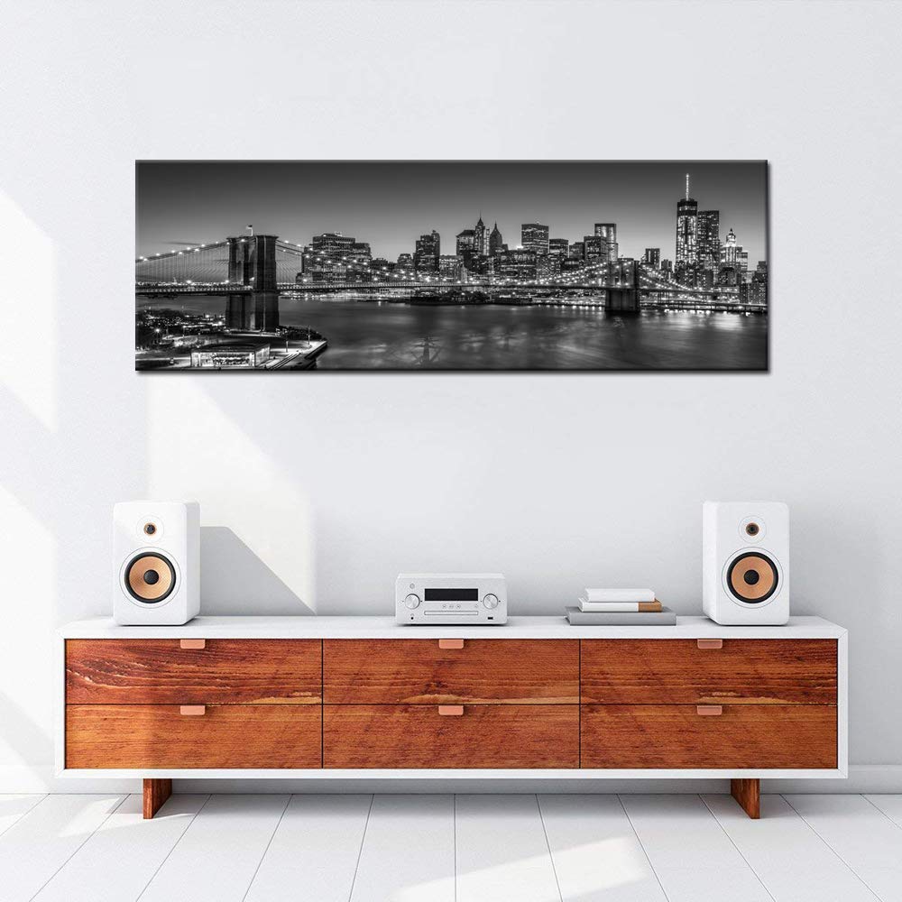 Biuteawal - Black and White Brooklyn Bridge Canvas Wall Art New York City Picture Print Manhattan Night Skyline Painting on Canvas Modern Home Office Wall Decoration Ready to Hang