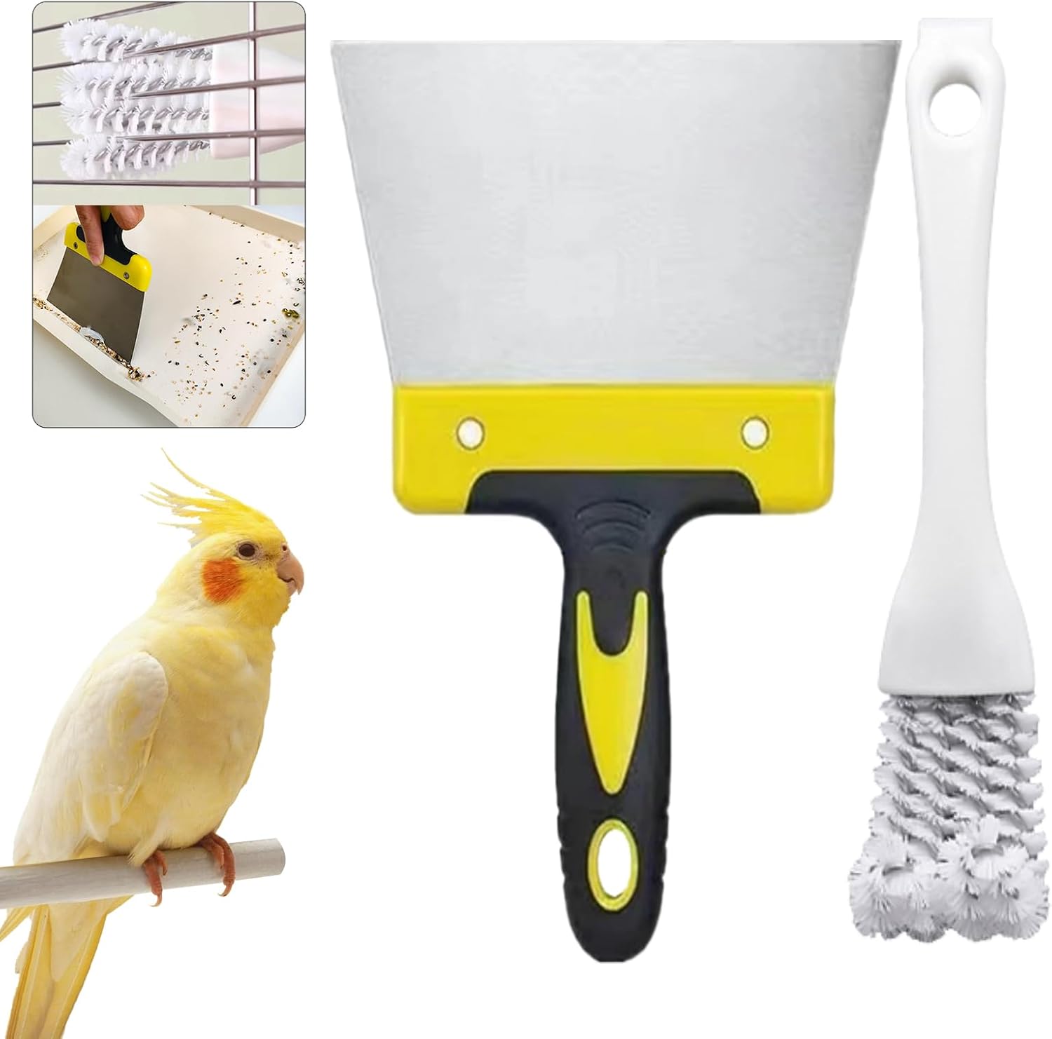 Set of 2 Bird Cage Cleaning Kit with Metal Scraper and Brush, Bird Cage Cleaner for Cleaning Kennels Perches Poop Remover Parrot Parakeet Pet Cage Accessories