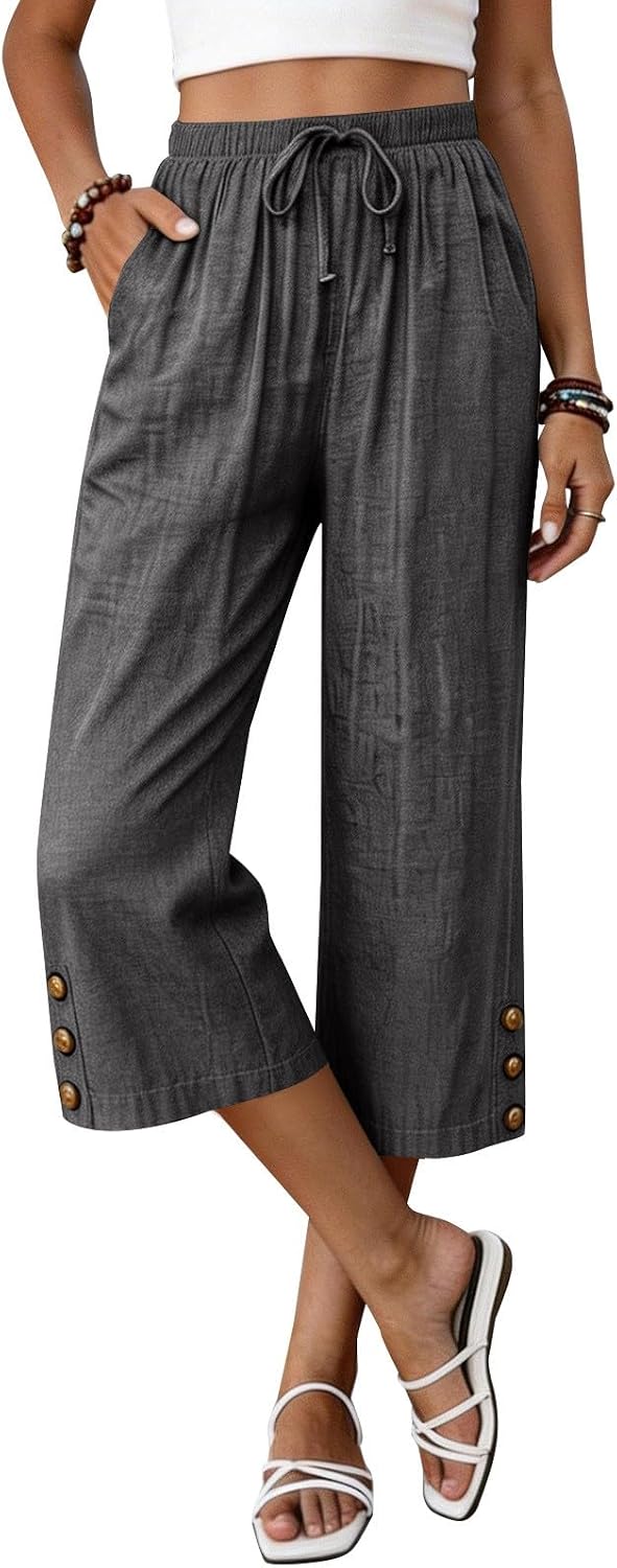 Elastic Waist Lightweight Wide Leg Capri Pants, Loose Pocketed Cropped Trousers for Womens Summer Casual Looks