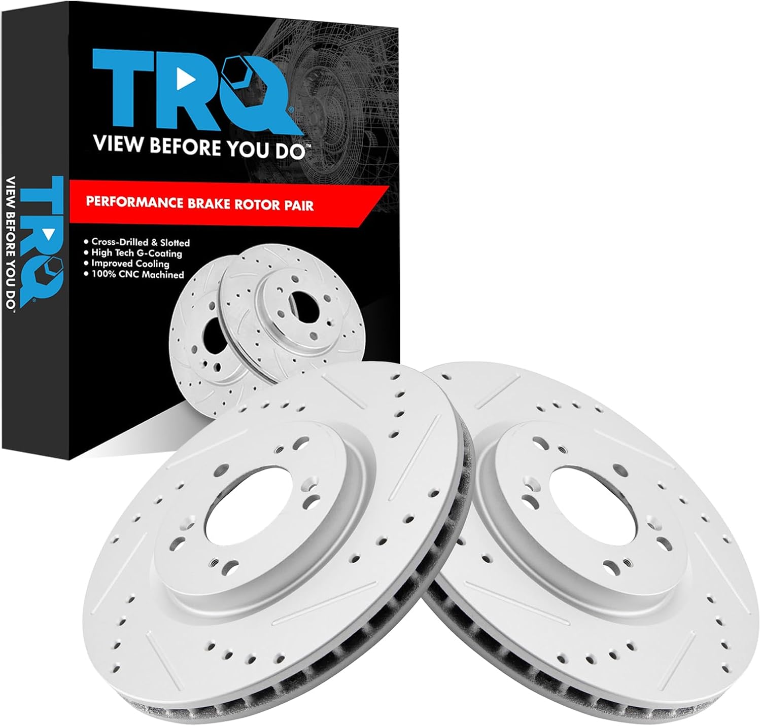 TRQ Front Performance Brake Rotors Set Premium G-Coated Cross Drilled & Slotted Compatible with 2000-2009 Honda S2000