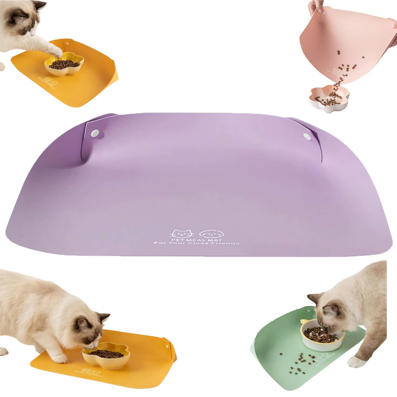 Cat Food Mat, Faux Leather Pet Feeding Mat with Snap-Button Raised Edge | Anti-Slip Waterproof Dog Bowl Placemat for Food and Water, Easy Clean Wipeable Floor Protector, 50x35 cm