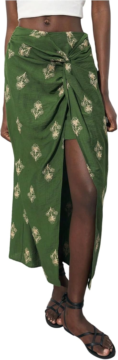 MakeMeChic Women's Boho Floral Maxi Skirt Twist Embroidery Split Tight Vacation Skirts