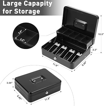 KYODOLED Cash Box with Key Lock0.7mm Thick Metal Money Box for Flea Market Vendors, Craft Fairs & Small BusinessPortable Cash Drawer with Auto-Pop Coin Tray & Windproof Bill Clips (11.8, Black)