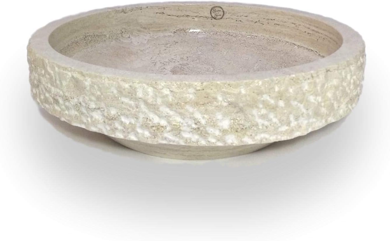 Black Friday Clearance Luxurious 16 Round Marble Bathroom Vessel Sink - Chiseled - 100% Natural Stone - Hand Carved - FREE Matching Soap Tray (Tan Travertine)