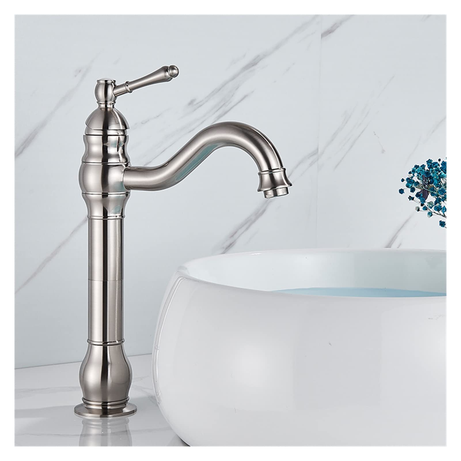 Mooilko Brushed Tall Brass Antique Brass Taps Bathroom Faucet Basin Faucet Cold Water Column Mixer Deck Mounted Crane Basin Faucet Tall Short Easy To Install(Brushed Tall)