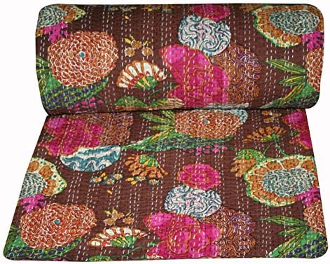 Fruit Print Cotton Kantha Quilt Bedspreads Throw Blanket Floral Boho Bedspread Bohemian Bedding Indian Handmade Kantha Quilt Patch Work Bed Cover (Queen 90 X 108 Inch, Maroon)