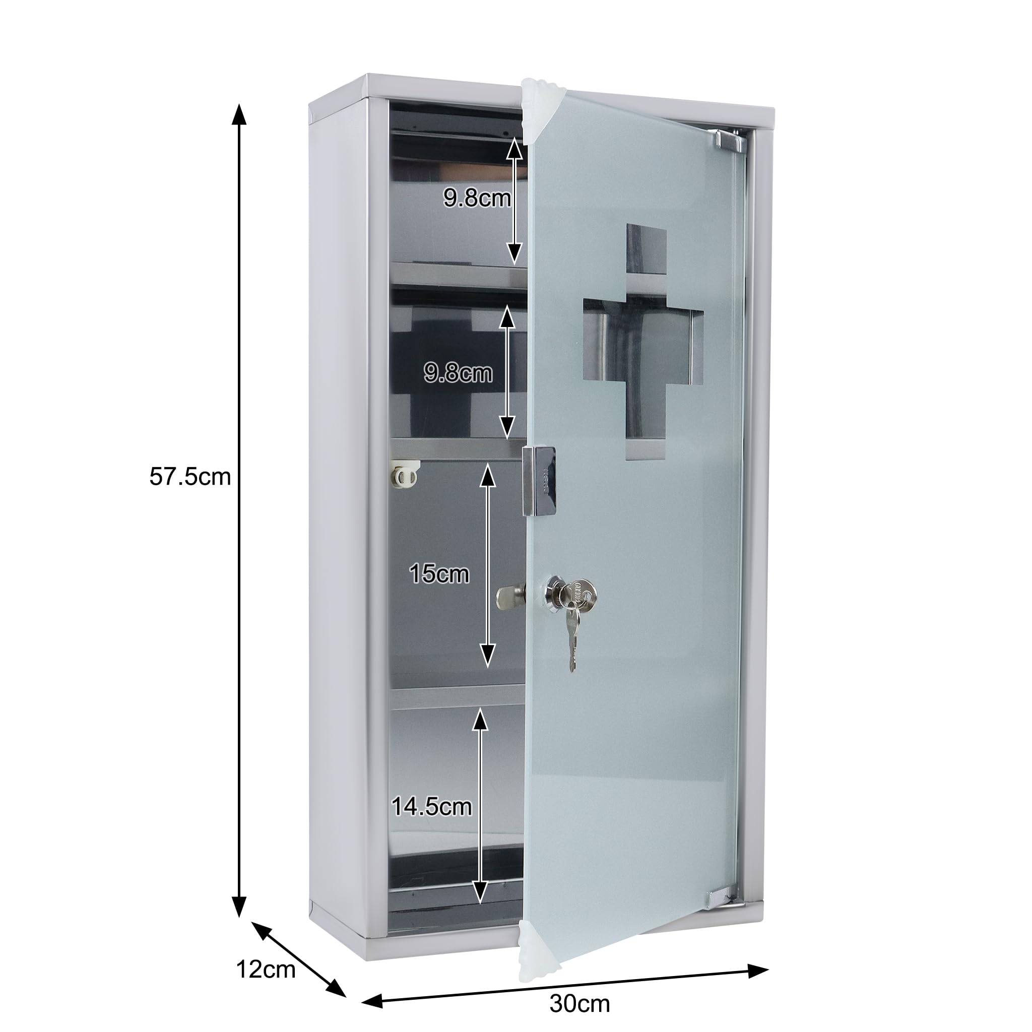 YRHome Armoire à pharmacie en acier inoxydable - 4 compartiments avec porte en verre et serrure verrouillable - 57,5 x 30 x 12 cm