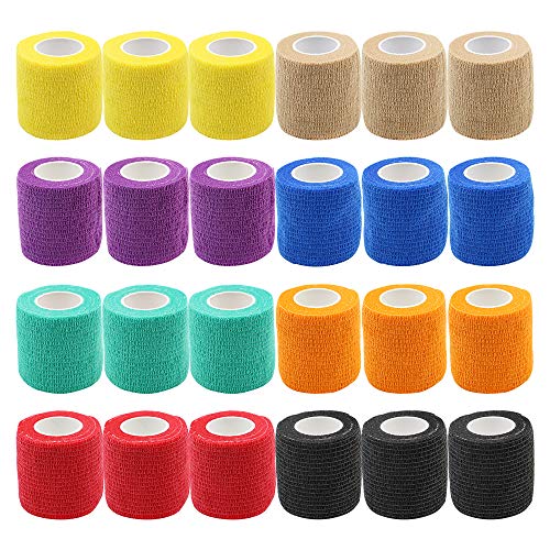 Self Adhesive Tape - Yuelong 24Pack 2” x 5 Yards Self-Adherent Cohesive Tape Tattoo Grip Wrap Cover Strong Sports Tape, Mix Color Self-Adhesive Bandage Rolls Athletic Tape