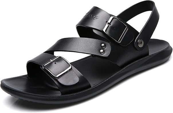 Battle Men Mens Cut Out Sandal Casual Dual Use Beach Slipper Genuine Leather Open Toe Double Monk Strap Buckle Thick Sole Rivet Solid Color anti-slip