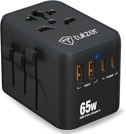Tukzer 65W Universal Travel Adapter, GaN Fast Charging Adapter with 2 Type C &amp; 1 USB Ports, Universal Plug Socket, All in ...