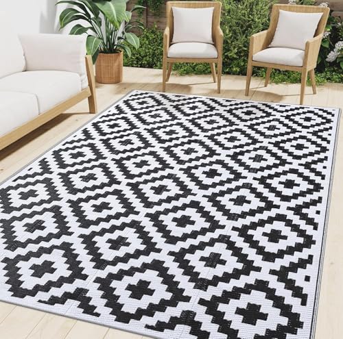 smiry Alfombra para exteriores, impermeable, resistente a los rayos UV, para patio exterior, reversible, de plástico, para balcón, camping, picnic, patio trasero, 120 x 180 cm, blanco y negro