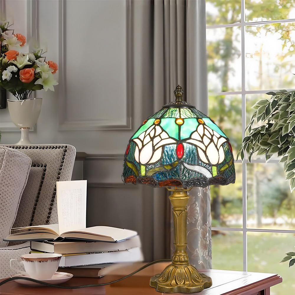 Stained Glass Table Lamp,Tiffany Style Table Lamp-8inch,Decor Vintage Handcrafted Design for Living Room Bedroom, Unique Gift for Home Decor Lovers (Tulip)