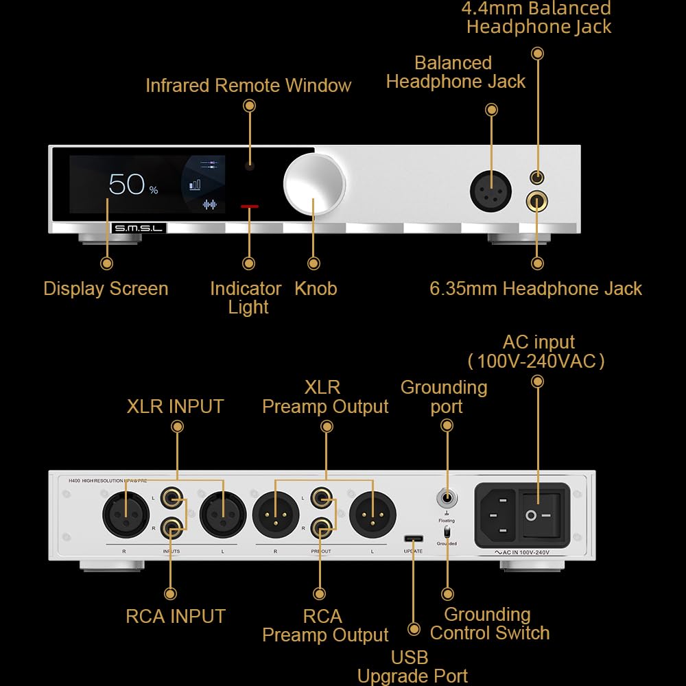 S.M.S.L H400 Hi-Res Amplificatore per cuffie Hi-End Preamplificatore Design ad alta potenza 15W/16Ω 7.5W/32Ω Audio Hi-Fi completamente bilanciato 3 marce Controllo del guadagno 4,4 mm bilanciato/XLR