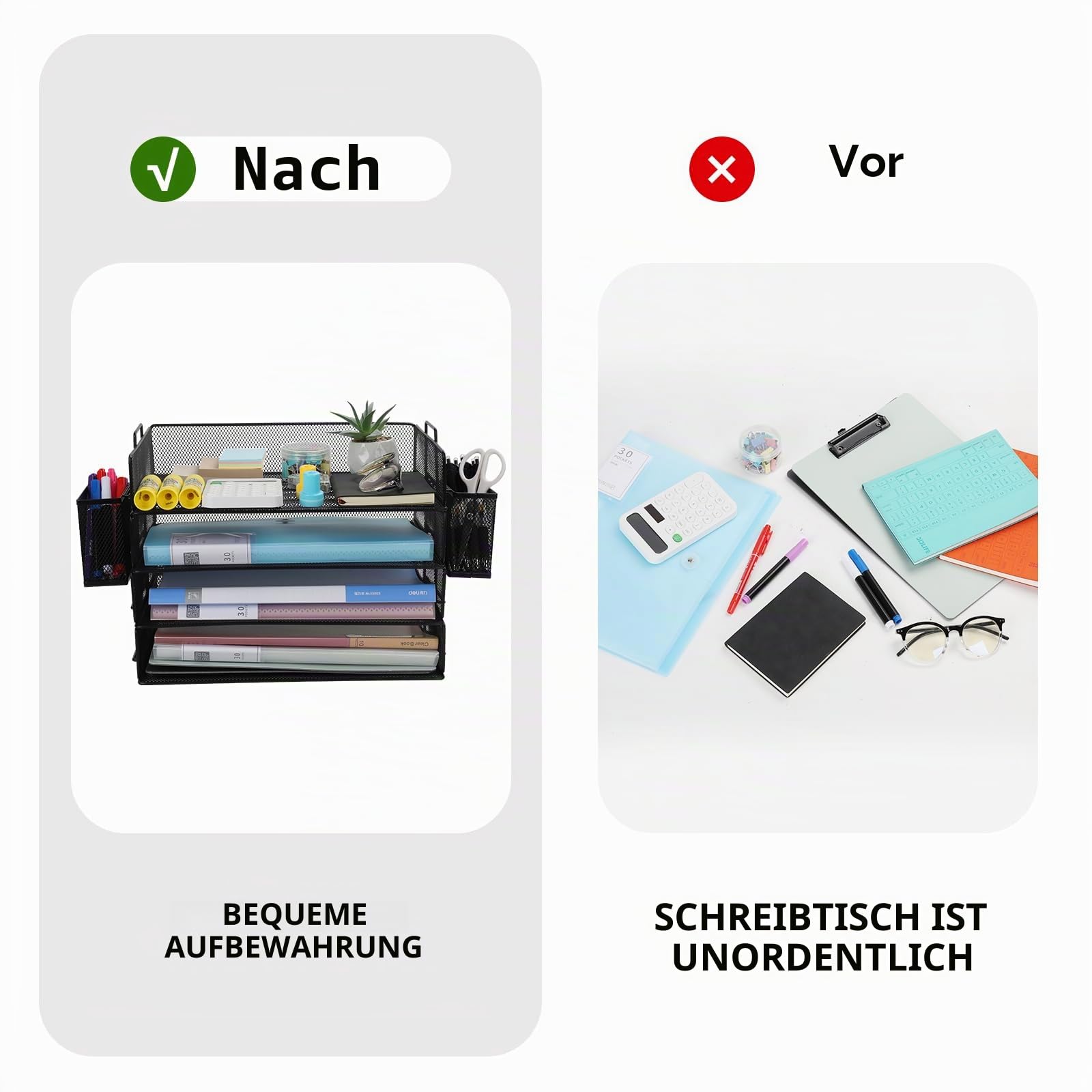Cinnani Stapelbare Briefablage Mit Stifthalter aus Metall,4Etagen,Dokumentenablagen,A4Ordnern,Briefen,Papier,Metall Schreibtisch Organizer Tablett (Schwarz)