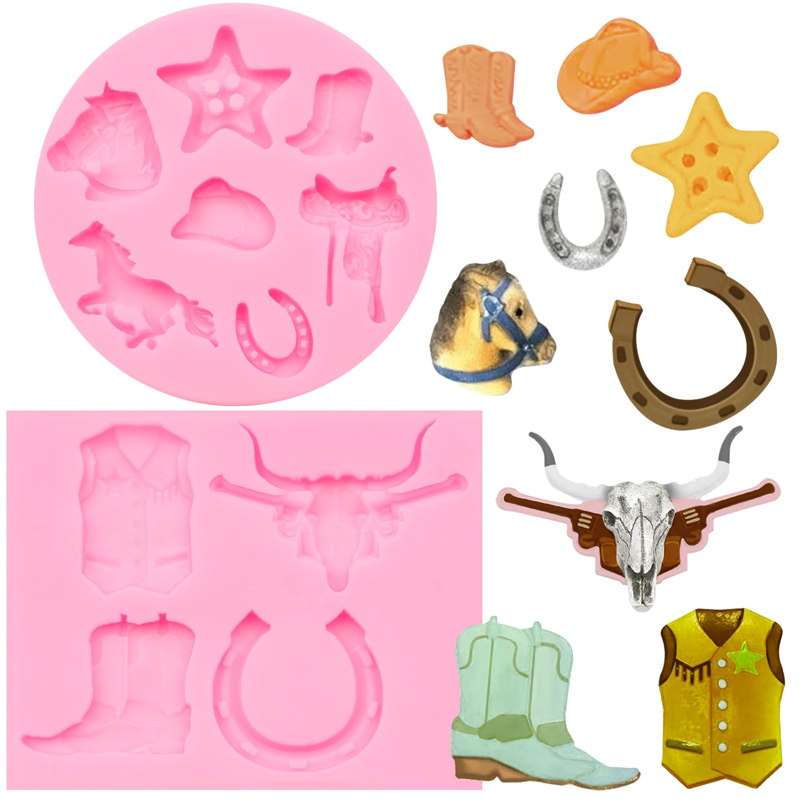 Silikonformen für Stierkopf, Schokoladenformen für Hufeisenstiefel und Cowboyhüte, Fondant-Backformen für Sattelpferdhufe zur Dekoration von Western-Cowboy-Kuchen, Tortendekoration (Rosa-TP299)