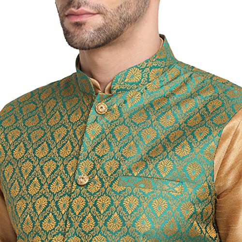 Image of KRAFT INDIA Mens Gold Silk Blend Kurta and Churidar Set With Jacquard Paisley Nehru Jacket