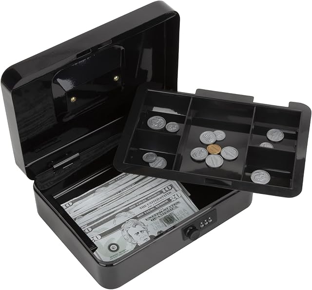 Sgorlds Cash Box with Combination Lock and Removable Cash Tray , Metal Lock Box for Cash Safe, 9.84"x 7.87"x 3.54", Black