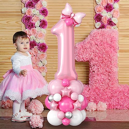 Image of 40 Inch Pink Number 1 Balloon Tower 1st Birthday Decorations for Girls | Large Pastel Baby Pink White Number One Foil Balloons Stack Fun To Be 1 Year Old Princess First Birthday Party Decorations