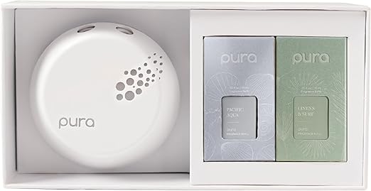 Pura - Smart Home Fragrance Device Starter Set V3 - Scent Diffuser for Homes, Bedrooms & Living Rooms - Includes Fragrance Aroma Diffuser & Two Fragrances - Linens & Surf and Pacific Aqua